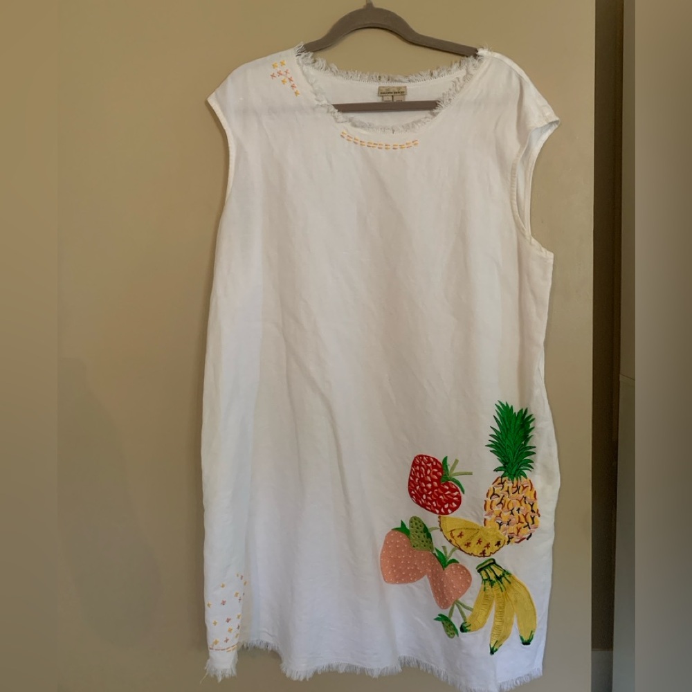 Embroidered white linen summer shift dress